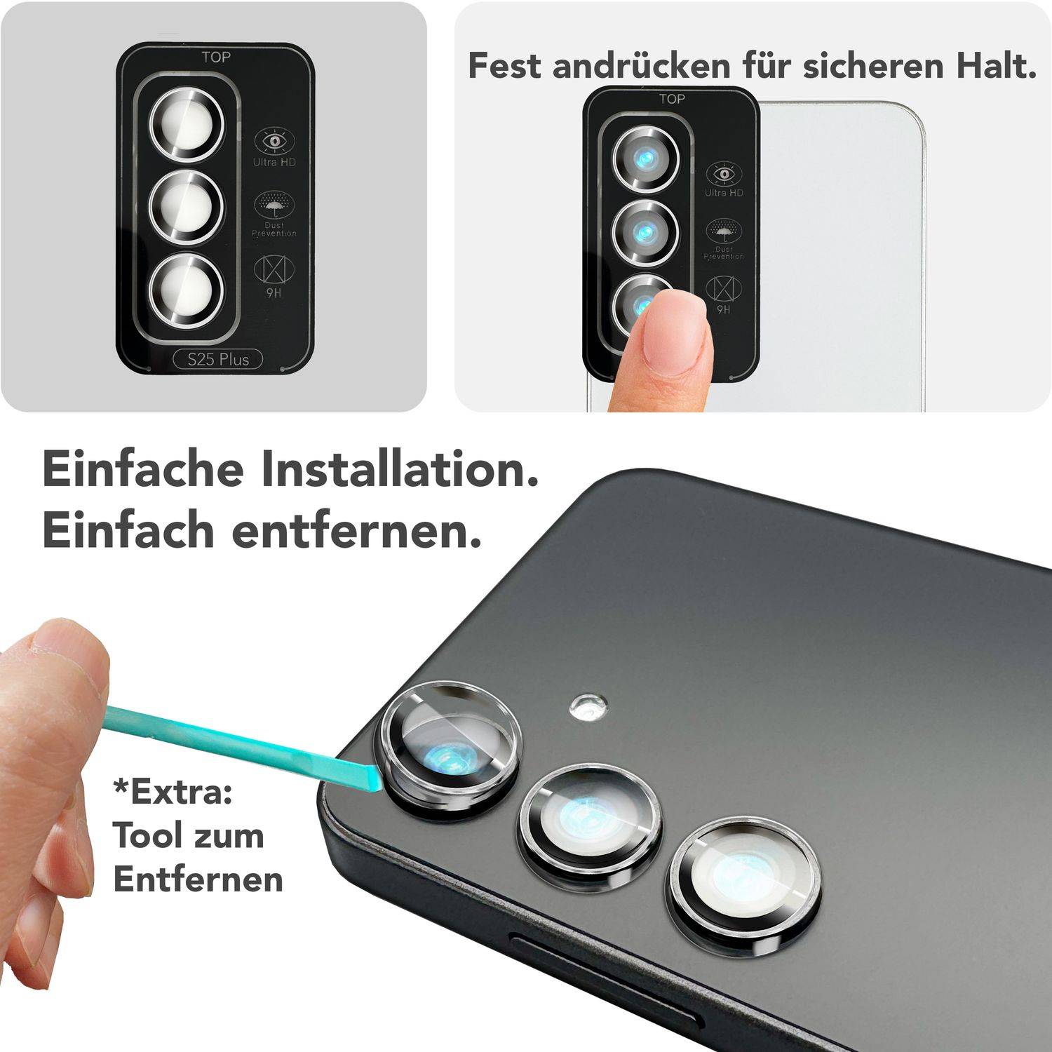 NALIA Kameraschutz „Focus.Pro CLX“ für Samsung Galaxy S25 Plus – Linsen Glas Ringe, 3 Stück-4