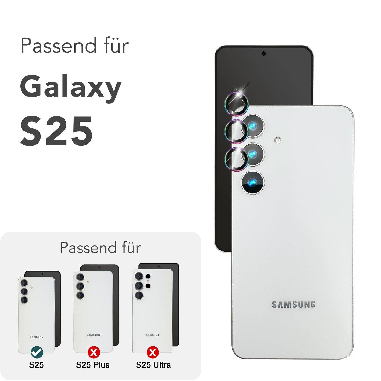NALIA Kameraschutz „Focus.Pro CLX“ für Samsung Galaxy S25 – Linsen Glas Ringe, 3 Stück-3