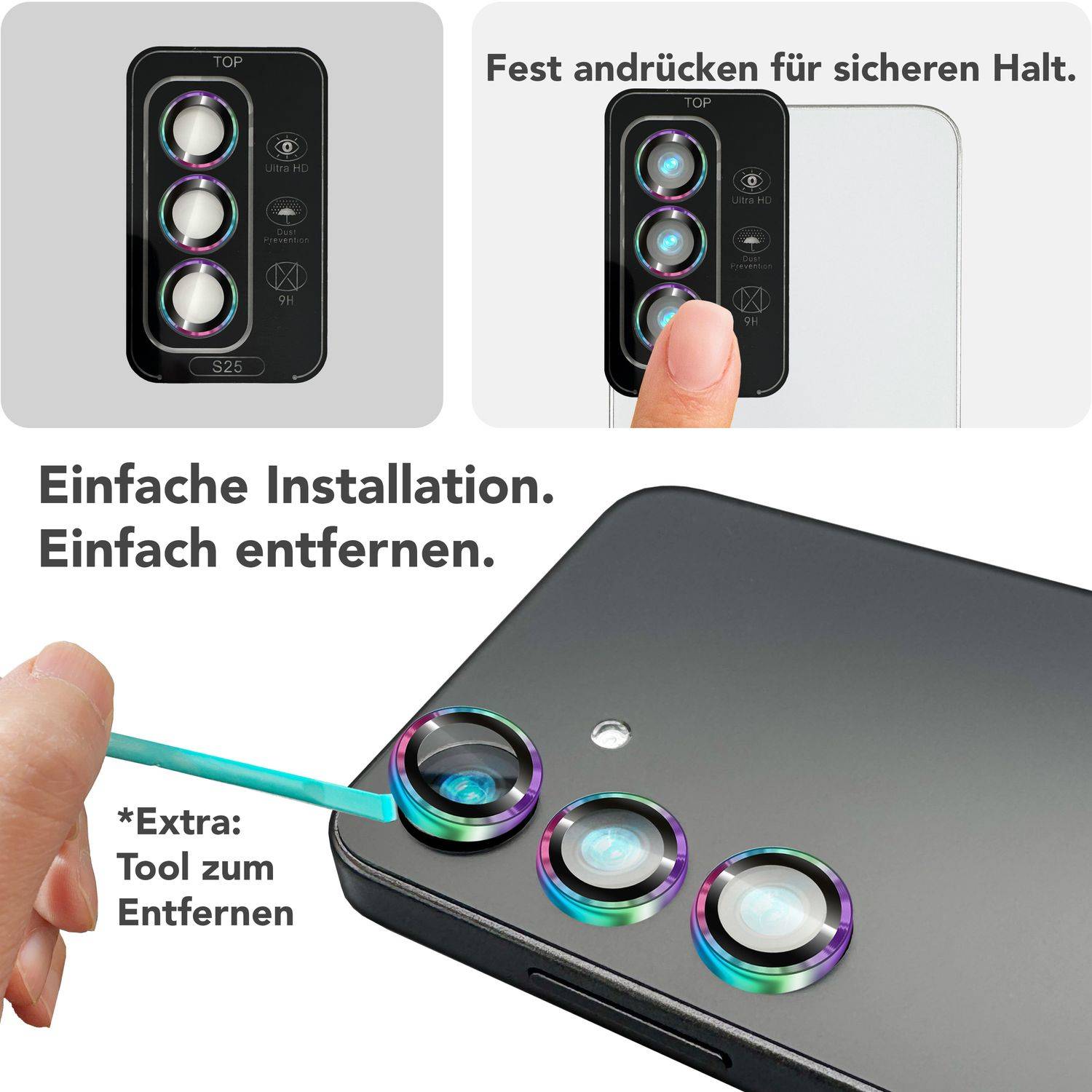 NALIA Kameraschutz „Focus.Pro CLX“ für Samsung Galaxy S25 – Linsen Glas Ringe, 3 Stück-4