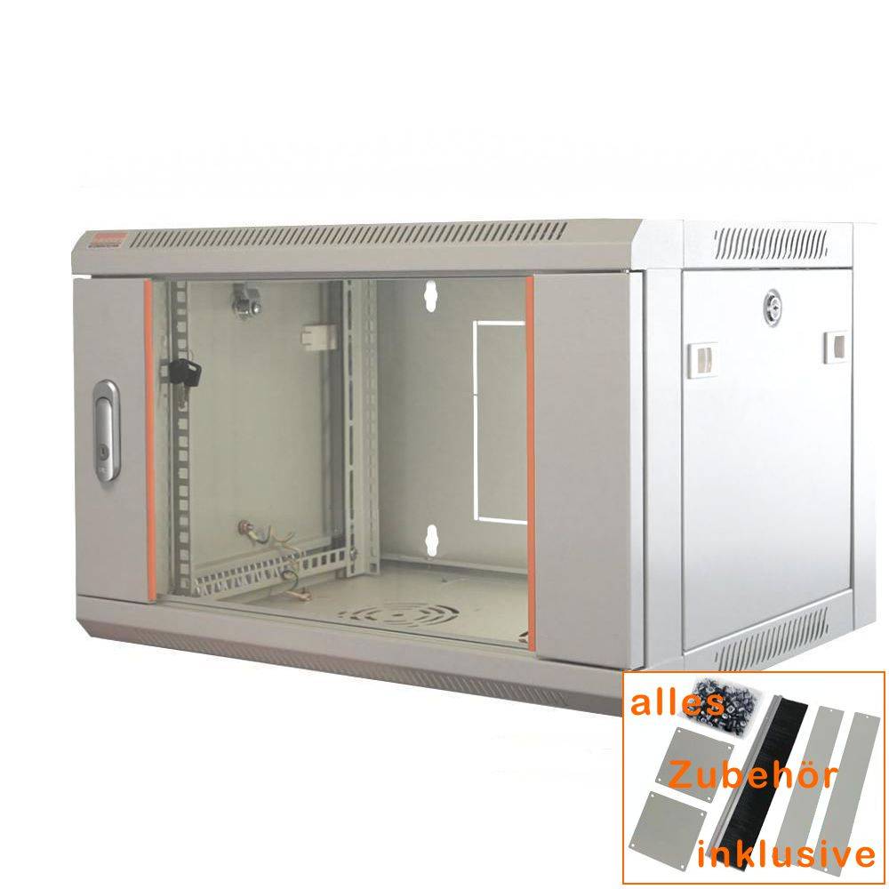 19 Zoll Netzwerkschrank 4 HE BxT 570 x 450 mm Sichttür Seiten abnehmbar - Wand + Standmontage umfangreiches Zubehör-Set-0