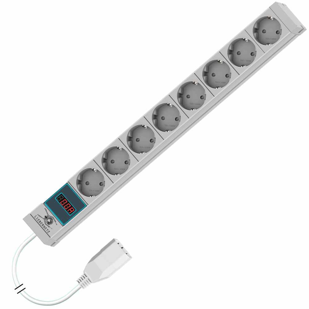 19 Zoll Steckdosenleiste metered 8x Schuko + Amperemeter C14 Zuleitung 3 m Kabel Lichtgrau Server PDU-0