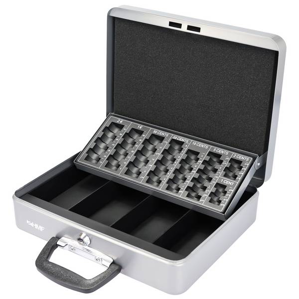 HMF 10016-09 Geldkassette abschließbar mit Münzzählbrett, Kasse mit Koffergriff, 30,5 x 24 x 8,5 cm, Silber