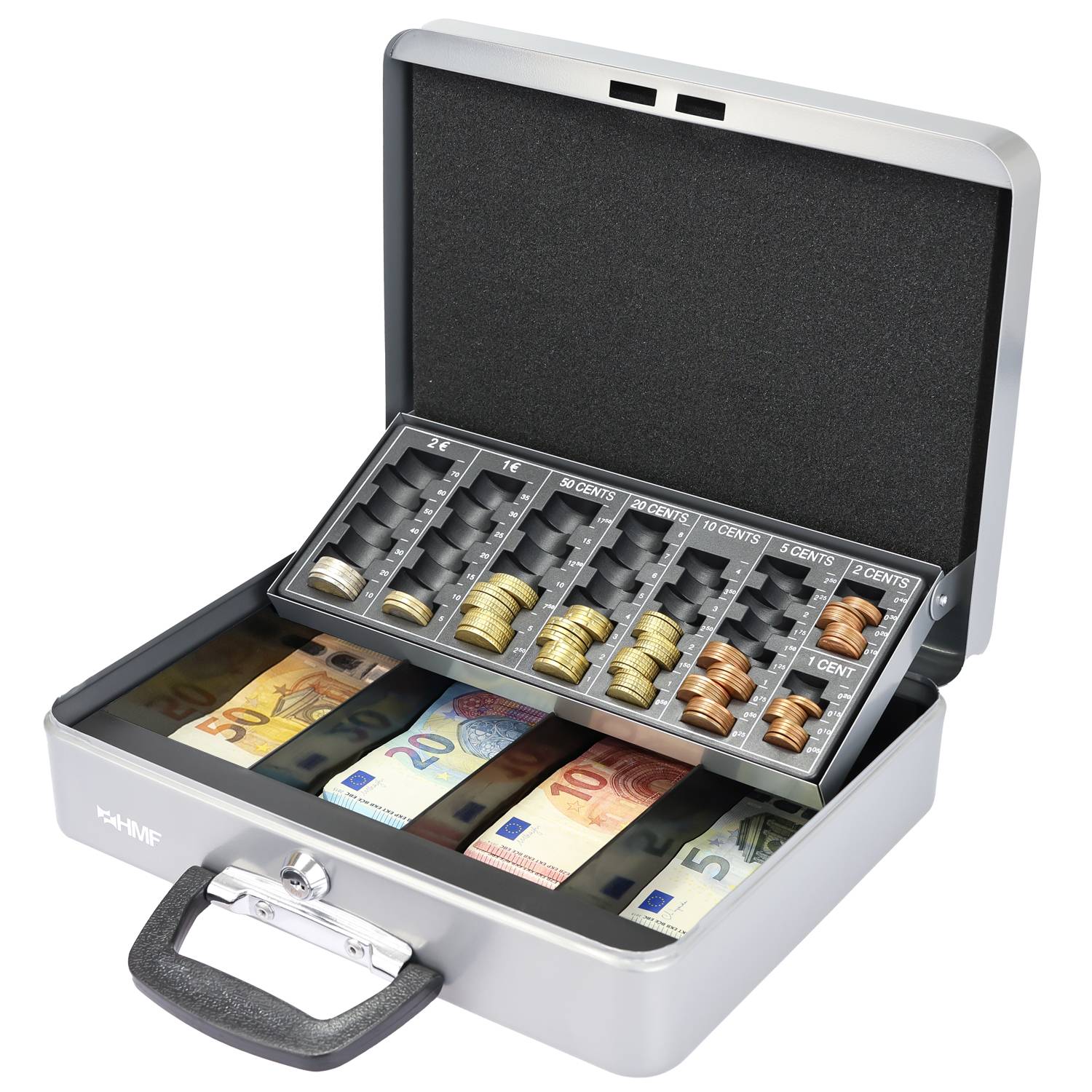 HMF 10016-09 Geldkassette abschließbar mit Münzzählbrett, Kasse mit Koffergriff, 30,5 x 24 x 8,5 cm, Silber-1