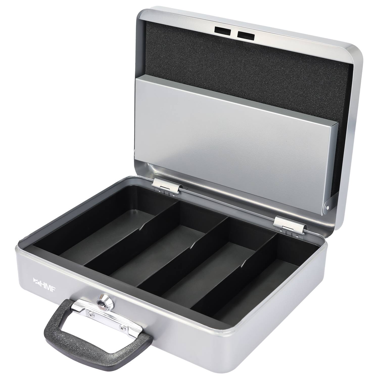 HMF 10016-09 Geldkassette abschließbar mit Münzzählbrett, Kasse mit Koffergriff, 30,5 x 24 x 8,5 cm, Silber-3