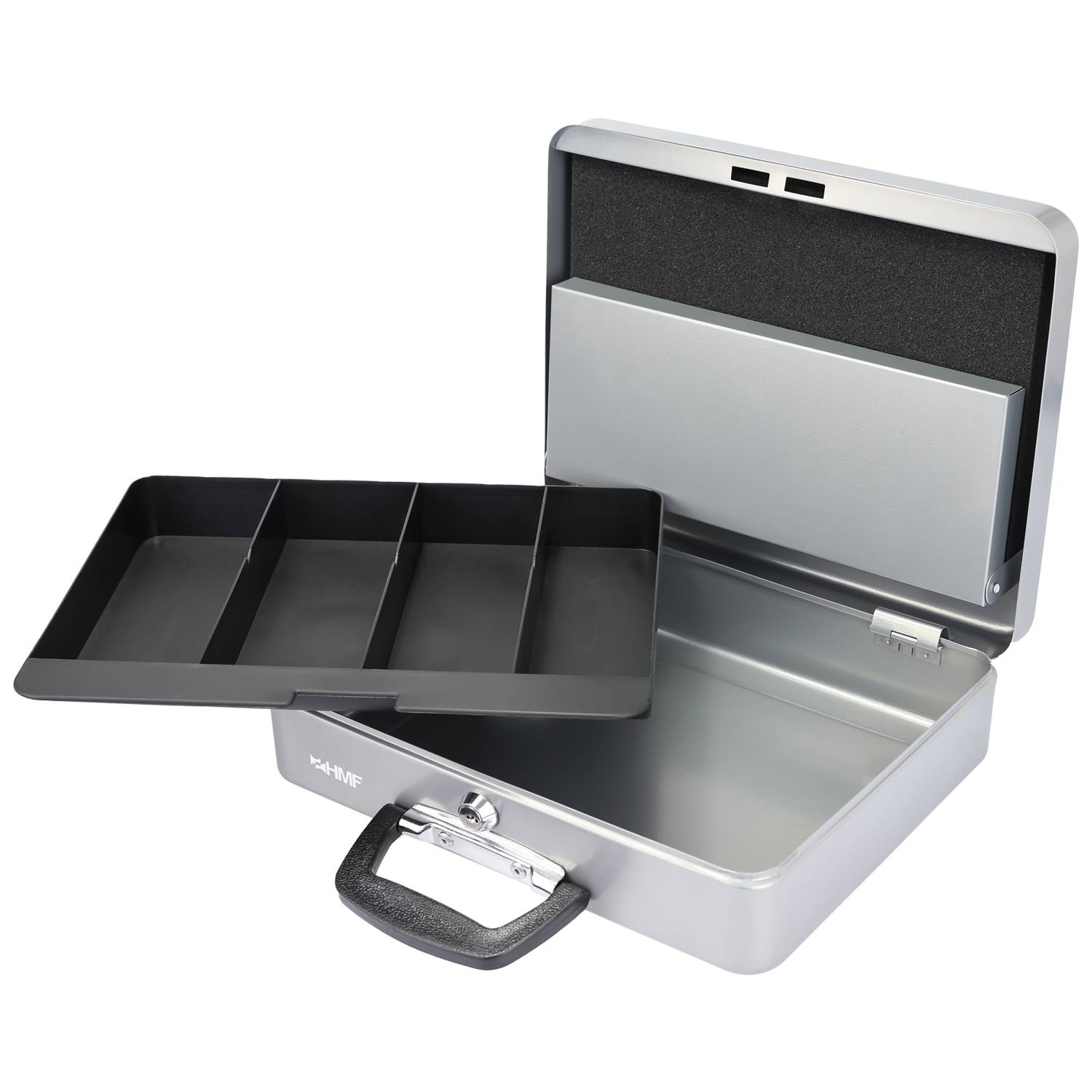 HMF 10016-09 Geldkassette abschließbar mit Münzzählbrett, Kasse mit Koffergriff, 30,5 x 24 x 8,5 cm, Silber-4