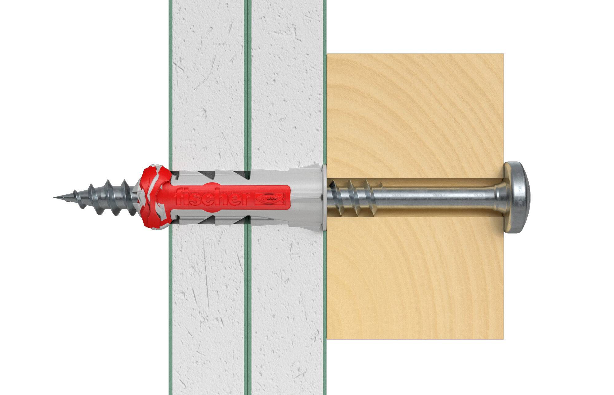 fischer DuoPower, Dübel, Mauerziegel, Beton, Schaumbeton, Gipsfaserplatten, Gipskarton, Grau, Rot, 6 mm, 30 mm, 8 mm-3