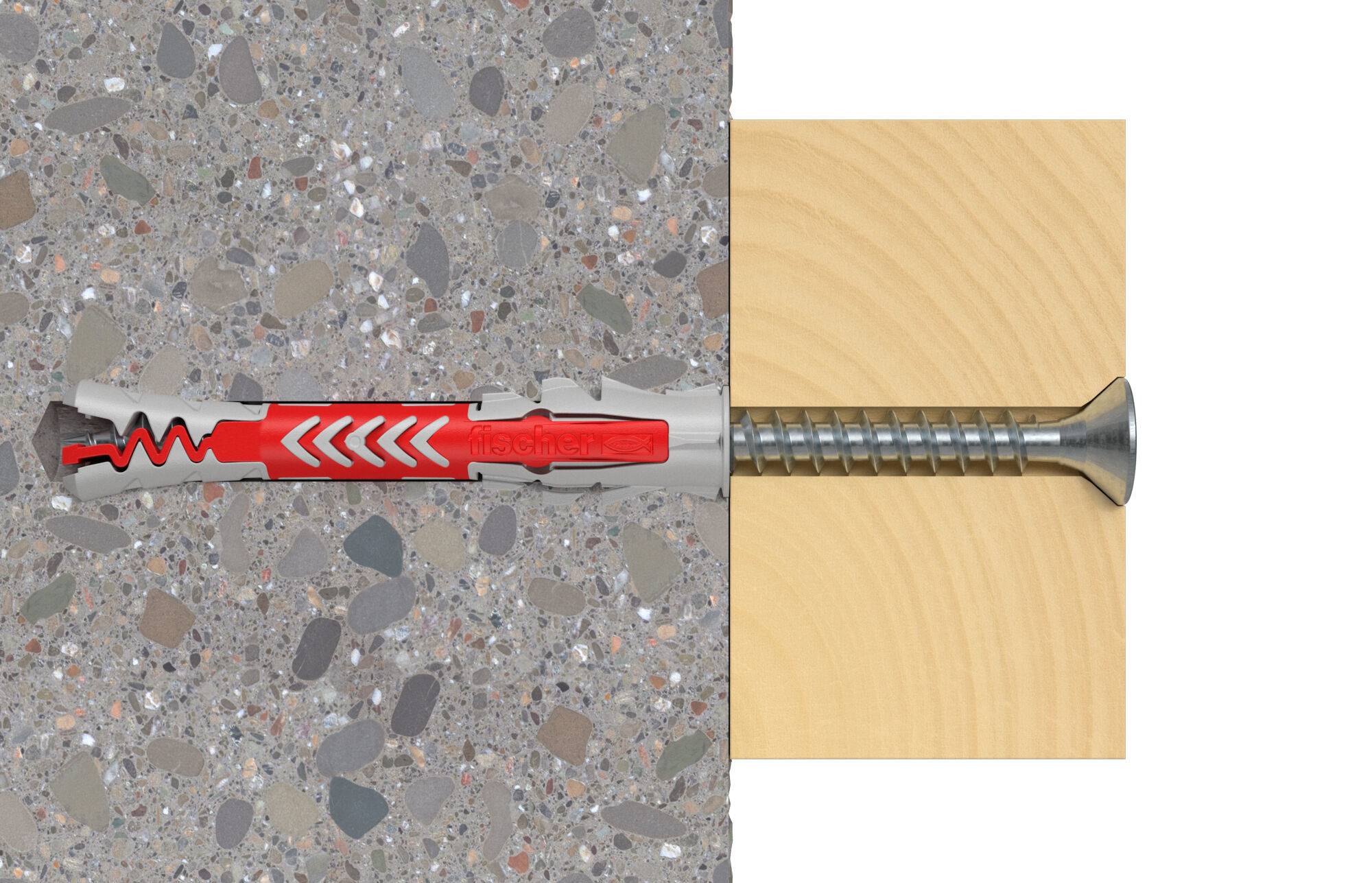 fischer DuoPower, Dübel, Mauerziegel, Beton, Schaumbeton, Gipsfaserplatten, Gipskarton, Grau, Rot, 6 mm, 30 mm, 8 mm-4