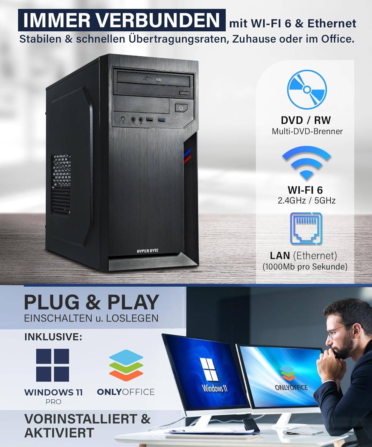 Hyper Byte Ultra PC | AMD Ryzen 3 3200G | Computer für Büro | 16GB RAM | 1TB SSD | DVD+RW | USB 3.0 | WLAN | Win 11 Pro-1