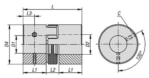 ELASTOMER-KLAUENKUPPLUNG KLEMMUNG MIT GEWINDESTIFT GR.14, D1=14, D2=14, L=35, EDELSTAHL, KOMP:POLYURETHAN, ROT, D4=30-1