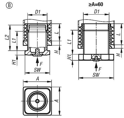 JUSTIERSTOPFEN MIT GLEITSCHUTZEINSATZ, FORM:B QUADRATISCH, A=50, L1=31, POLYAMID SCHWARZ, FÜR QUADRATISCHE ROHRE-1