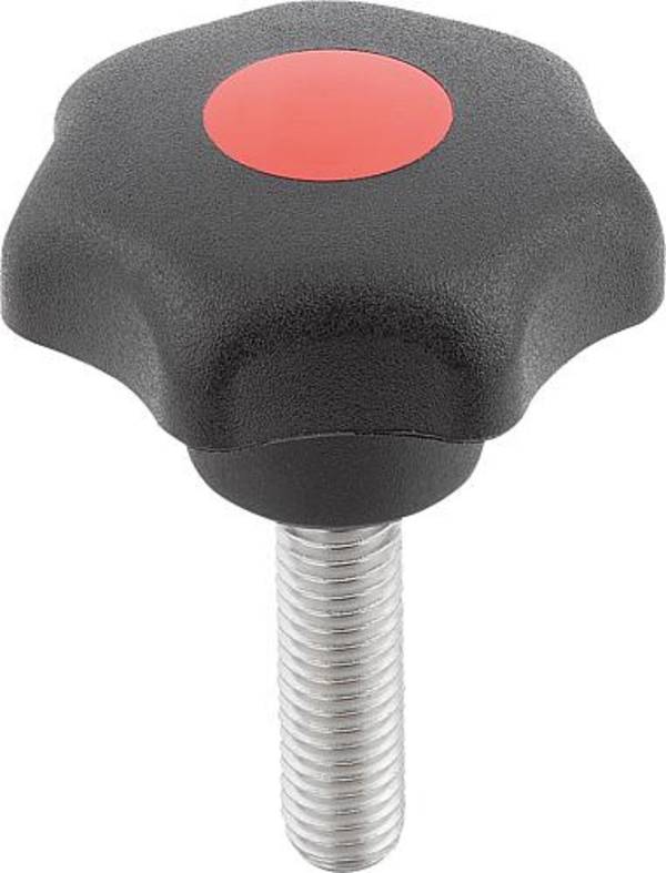 STERNGRIFF ÄHNLICH DIN6336 D=M08X45, D1=32 H=20, FORM:L, THERMOPLAST SCHWARZ, KOMP:EDELSTAHL DECKEL:ROT