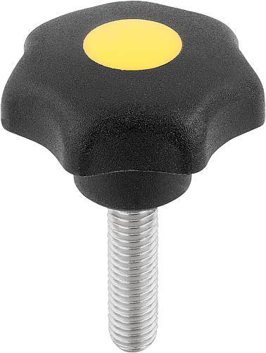 STERNGRIFF ÄHNLICH DIN6336 D=M10X25, D1=40 H=25, FORM:L, THERMOPLAST SCHWARZ, KOMP:EDELSTAHL DECKEL:GELB-0
