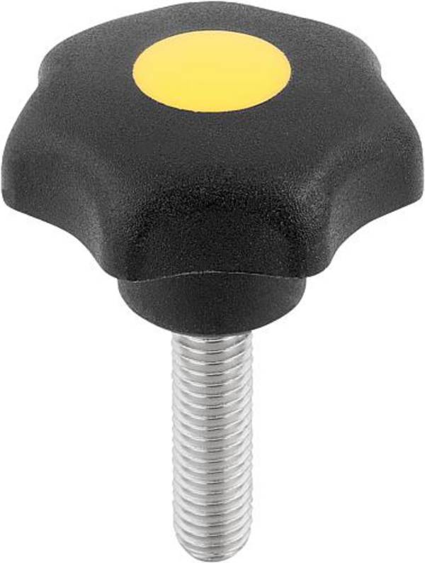 STERNGRIFF ÄHNLICH DIN6336 D=M10X25, D1=40 H=25, FORM:L, THERMOPLAST SCHWARZ, KOMP:EDELSTAHL DECKEL:GELB