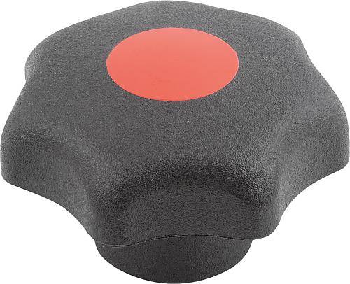 STERNGRIFF ÄHNLICH DIN6336 D=M10, D1=40 H=25, FORM:K, THERMOPLAST SCHWARZ, KOMP:EDELSTAHL DECKEL:ROT RAL3020-0