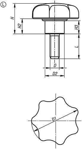STERNGRIFF VISUELLDETEKTIERBAR, MIT VORSTEHENDER BUCHSE M10X30, D1=50, H=50, FORM:L MIT AUßENGEWINDE, POLYAMID-1