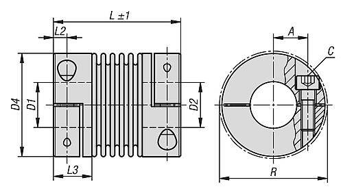 METALLBALGKUPPLUNG MIT RADIALER KLEMMNABE GR.10, D1=6, D2=6, L=26, ALUMINIUM, KOMP:EDELSTAHL, D4=15,5-1