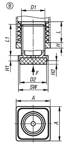 JUSTIERSTOPFEN MIT FILZGLEITFLÄCHE, FORM:B QUADRATISCH, A=30, L1=29, POLYAMID SCHWARZ, FÜR QUADRATISCHE ROHRE-1