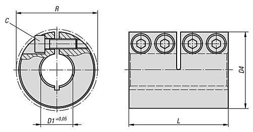 STARRE KUPPLUNG GESCHLITZT L=65 EDELSTAHL, D4=42, D1=20-1