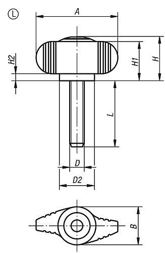 FLÜGELGRIFF VISUELLDETEKTIERBAR, MINIWING D=M05X20 A=28, H=15, FORM:L MIT AUßENGEWINDE, POLYAMID BLAU-1