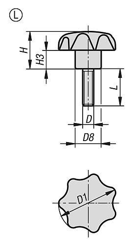 STERNGRIFF DIN6336 D=M10X25, D1=50, FORM:L, THERMOPLAST SCHWARZ, KOMP:STAHL BLAU-PASSIVIERT-1