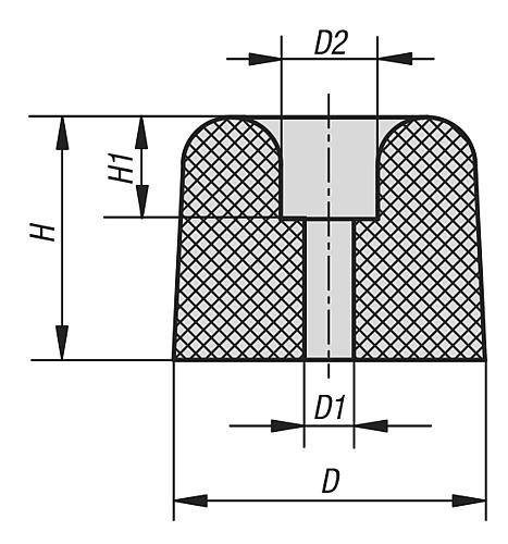 GUMMIPUFFER TYP TP TÜRPUFFER, D=26, H=15, D1=4, ELAST. NATURKAUTSCHUK SHORE 60A-1