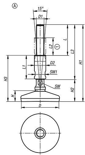 STELLFUß FÜR HYGIENEBEREICH, FORM:A OHNE BEFESTIGUNGSBOHRUNG, D=60 M12X190, EDELSTAHL 1.4301-1