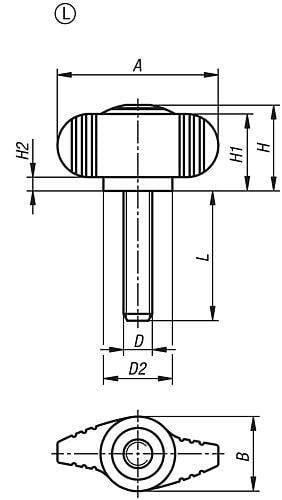 FLÜGELGRIFF MINIWING D=M06X30 A=40, H=21, FORM:L MIT AUßENGEWINDE, THERMOPLAST SCHWARZGRAU RAL7021,-1