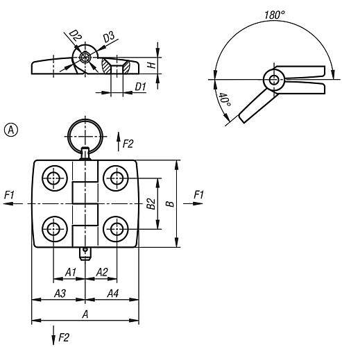 SCHARNIER FORM:A MIT STECKBOLZEN 52X48, EDELSTAHL A4 1.4401 HOCHGLANZPOLIERT, KOMP:EDELSTAHL BLANK, A1=15, A2=15,-1
