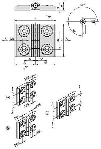 SCHARNIER JUSTIERBAR FORM:C, HORIZONTAL 76X60, BEFESTIGUNGSBOHRUNGEN, ZINK SCHWARZ, KOMP:EDELSTAHL-1