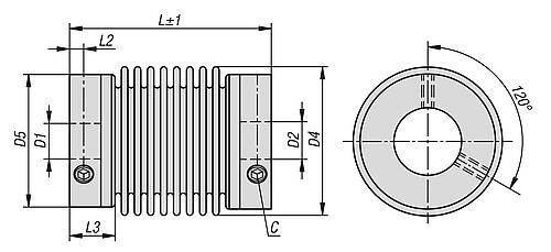 METALLBALGKUPPLUNG KLEMMUNG MIT GEWINDESTIFT GR.10, D1=6, D2=6, L=25, ALUMINIUM, KOMP:EDELSTAHL, D4=15-1