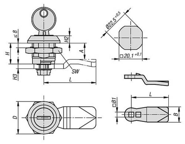 DREHRIEGEL MIT GLEICHSCHL. SCHLÜSSEL, H=18, D=28, ZINK VERCHROMT, ABSCHLIEßBAR