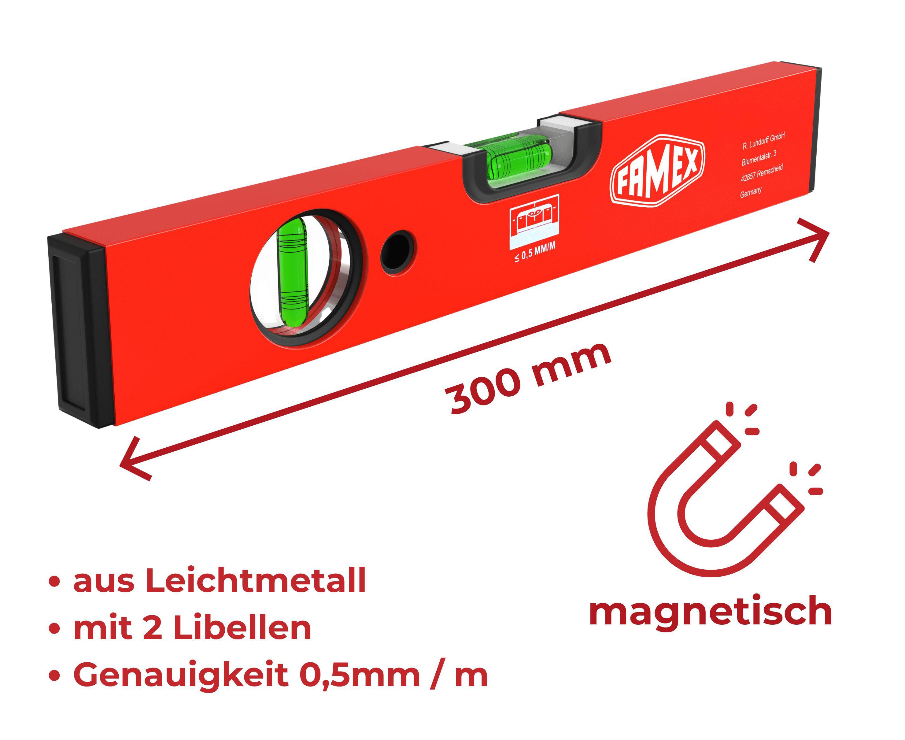 FAMEX 12786 Wasserwaage PRO magnetisch, 30cm, 2 Libellen, aus Leichtmetall-1