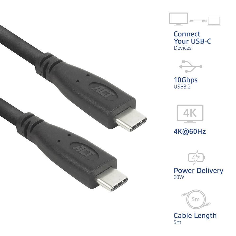 ACT AC7445 USB 3.0 10Gbps 60W USB Typ-C® Kabel | Schwarz | 5 Meter-1