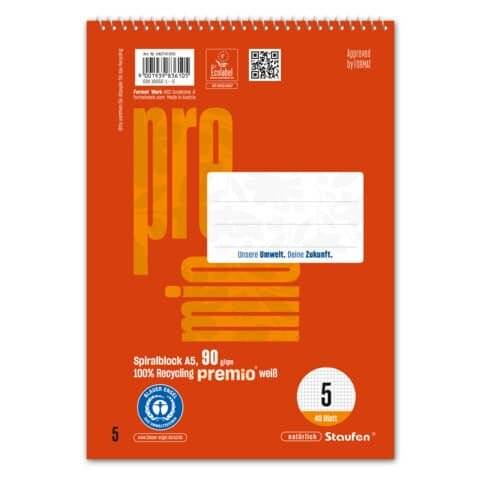 Spiralblock, A5, 40 Blatt, Lin.5, kariert, rot PREMIO 0407-0