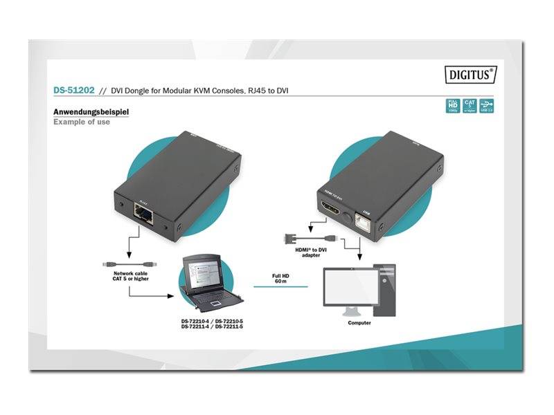 DIGITUS - DVI-Dongle für modulare KVM-Konsolen, RJ45 auf DVI-3