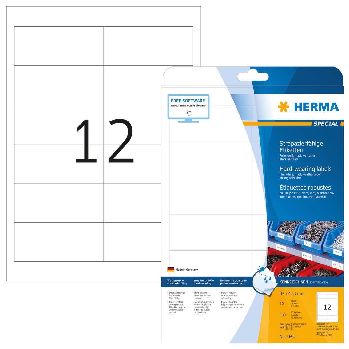HERMA Special - Matt - permanent selbstklebend - weiß - 97 x 42.3 mm 300 Etikett(en) (25 Bogen x 12)-3