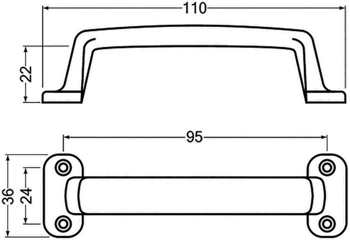 Handgriff A.22mm L.110mm B.36mm Alu-Guss silberf.elox.Löcher 4,D.3,7mm HERMETA-1