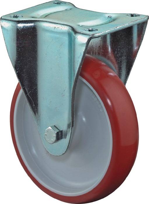 Bockrolle D.100mm Trgf.125kg Polyurethan,rot Platte L104xB80mm BS ROLLEN