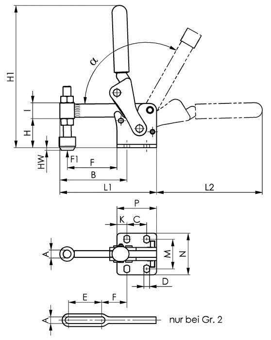Senkrechtspanner Nr.6811P Gr.2 waagrechter Fuß schwer AMF-1