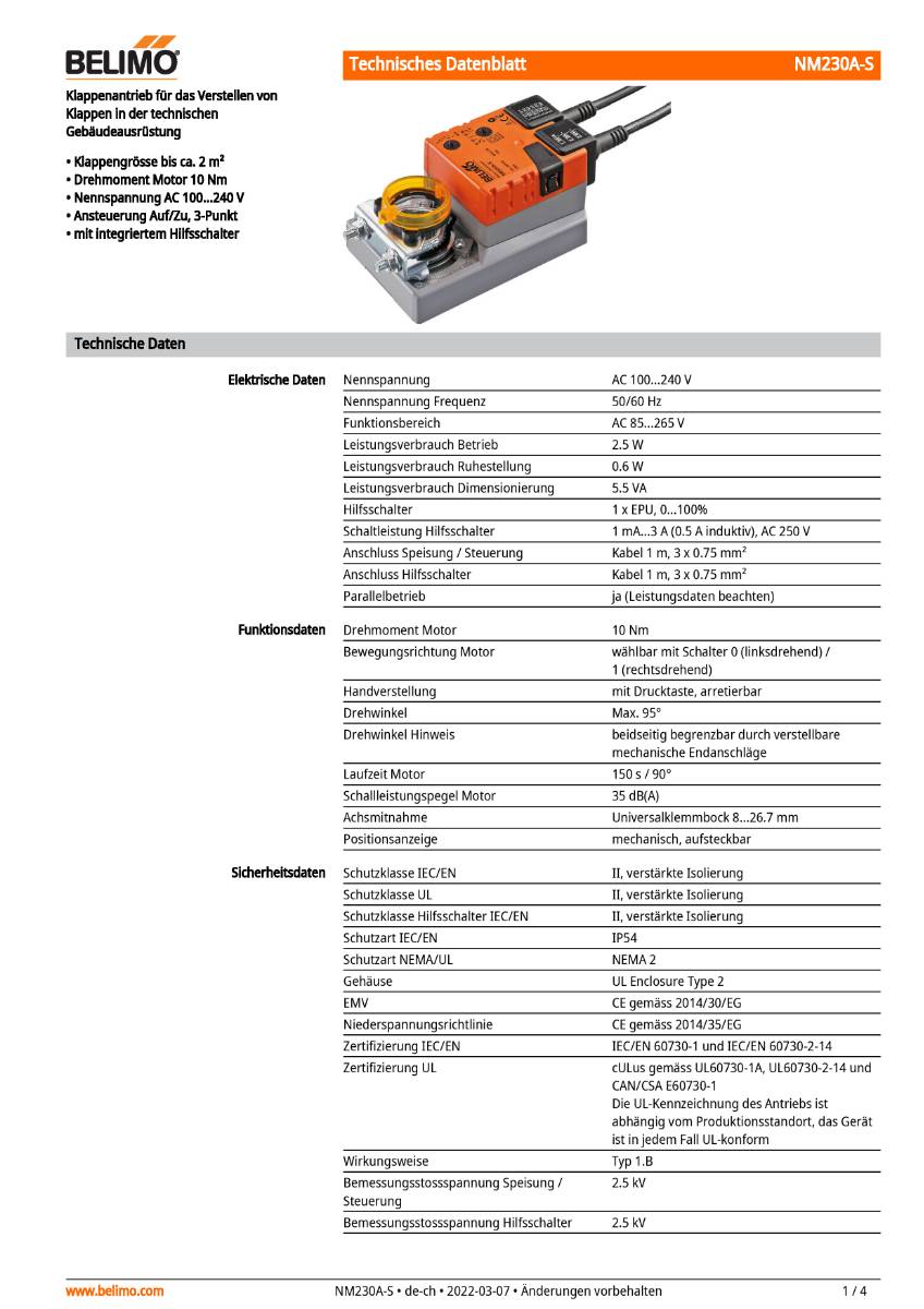 Klappenantrieb AC 230V | NM230A-S | 10Nm, Auf-Zu o. 3-Pkt., 150 s, IP54, HS-1