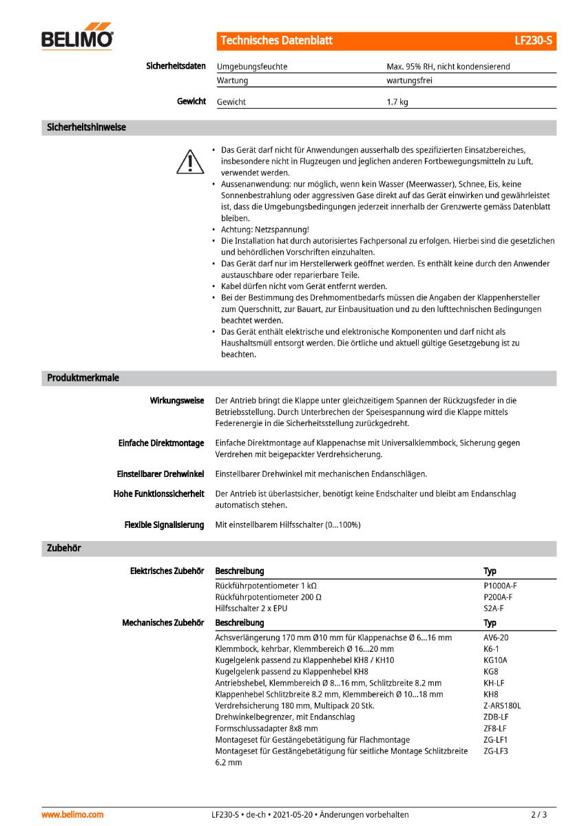 Klappenantrieb AC 230V, HS | LF230-S | 4Nm, Auf-Zu, 40...75 s,IP54, Notstellf.-2