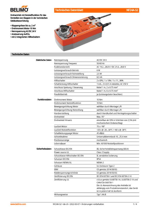 Klappenantrieb AC/DC 24 V, 10Nm | NF24A-S2 | Auf-Zu,75s,IP54,Notstellf.,Hilfssch.