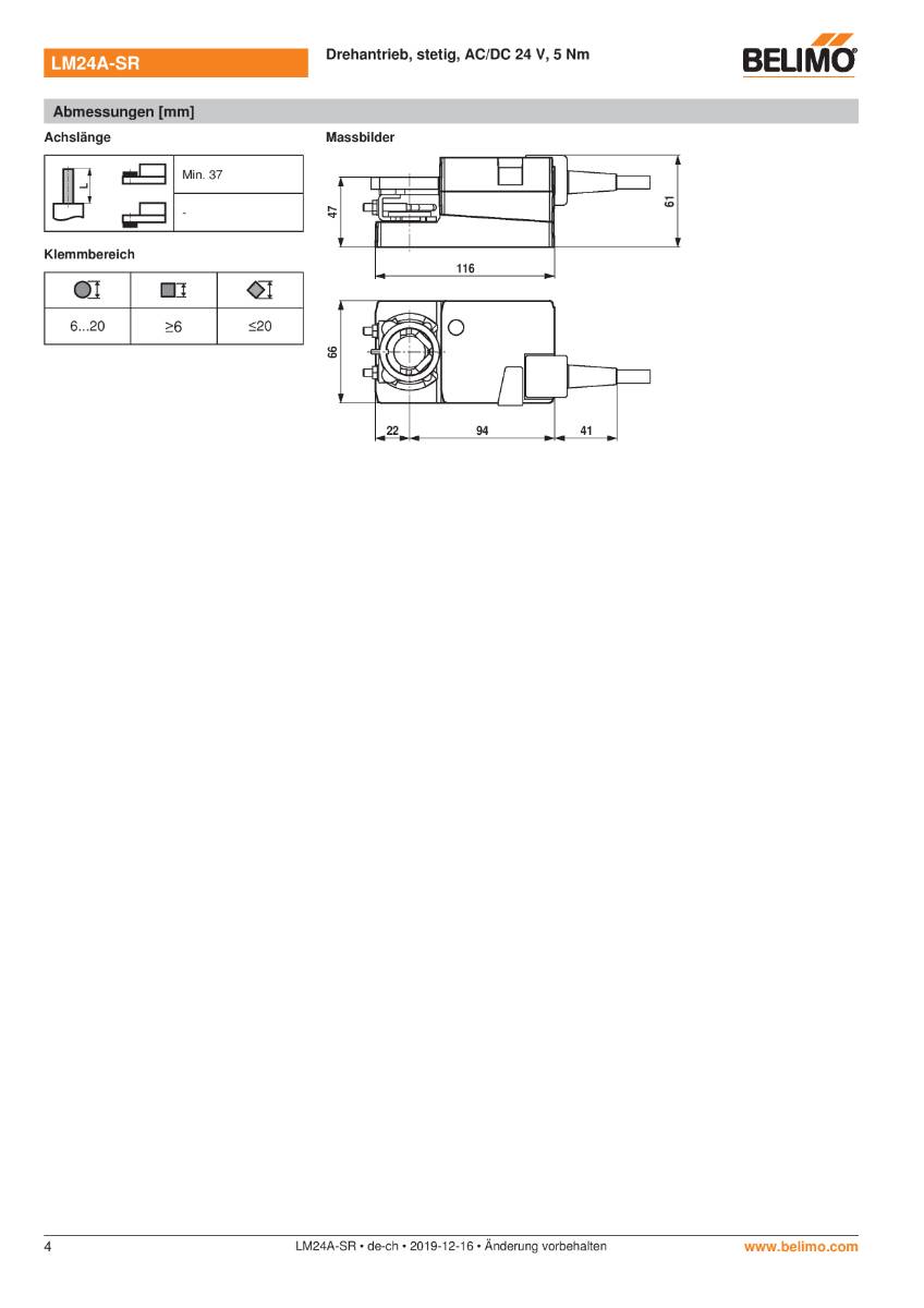 Klappenantrieb AC/DC 24V | LM24A-SR | 5Nm, stetig, 150s, IP54-4