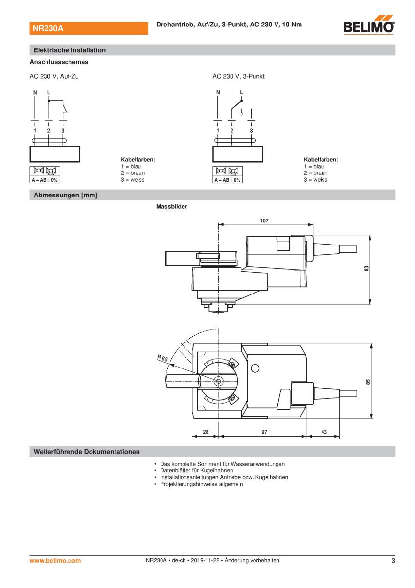 Antrieb f. Kugelhahn AC 230V | NR230A | 10Nm, Auf-Zu o. 3-Pkt., 90 s, IP54-3