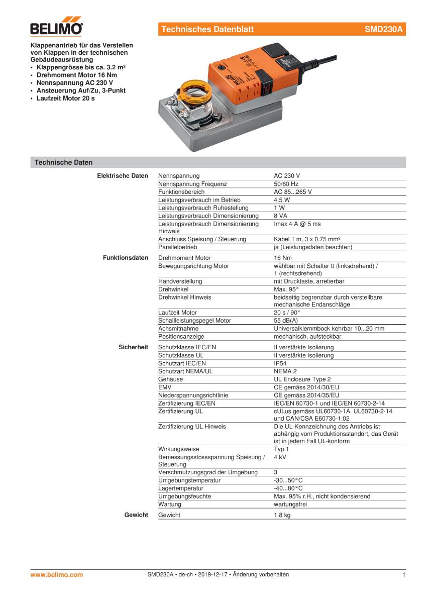 Klappenantrieb AC 230 V | SMD230A | 16 Nm, 20 s, Auf-Zu o. 3-Pkt., IP54-1