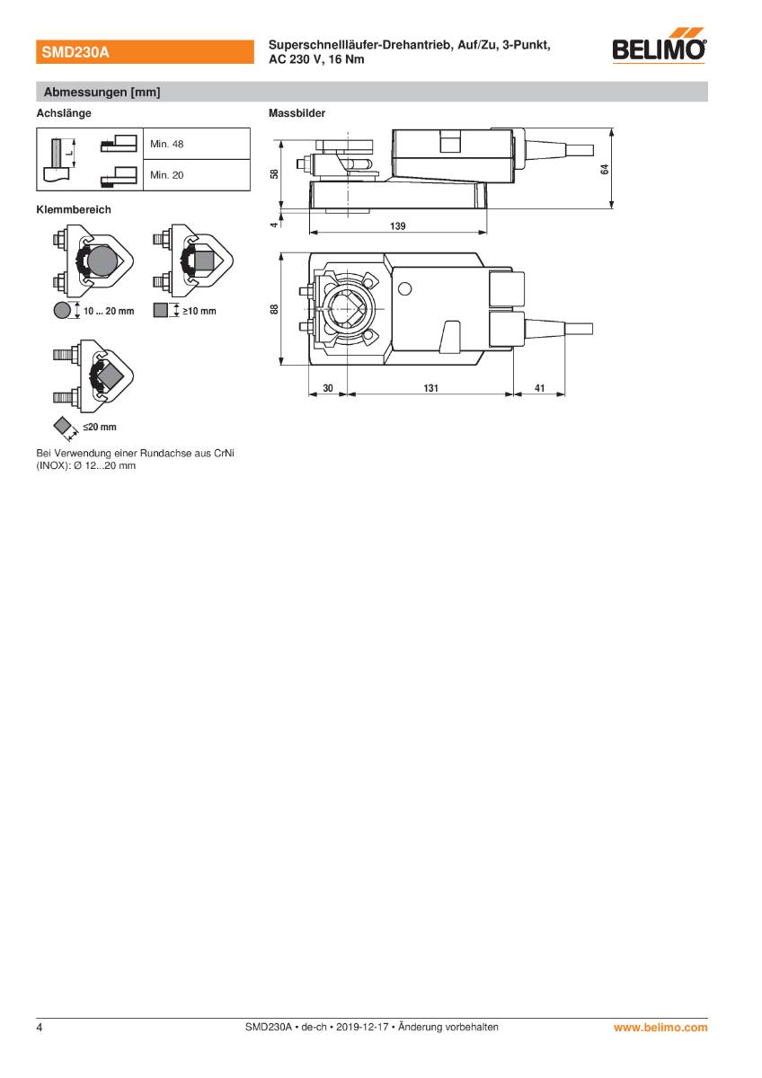 Klappenantrieb AC 230 V | SMD230A | 16 Nm, 20 s, Auf-Zu o. 3-Pkt., IP54-4