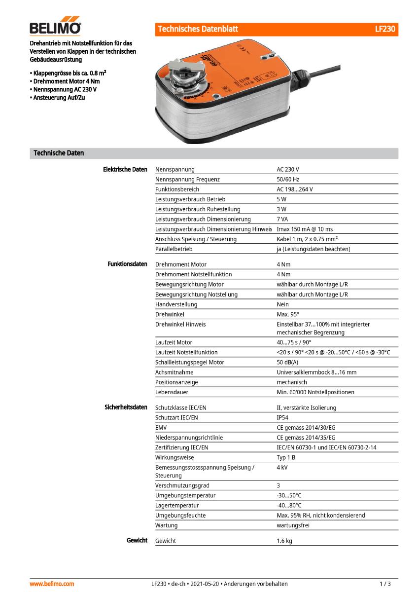 Klappenantrieb AC 230V | LF230 | 4Nm, Auf-Zu, 40...75 s,IP54, Notstellf.-1