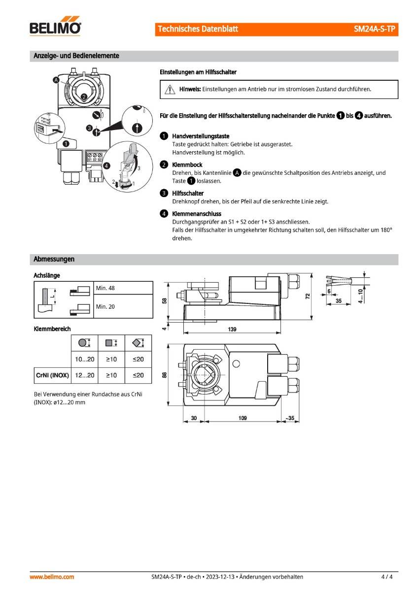 Klappenantrieb AC/DC 24V, HS | SM24A-S-TP | 20Nm,Auf-Zu o. 3-Pkt.,150 s,IP54,Klemme-3