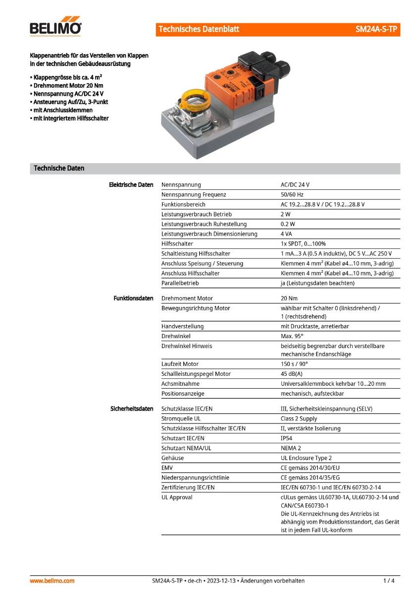 Klappenantrieb AC/DC 24V, HS | SM24A-S-TP | 20Nm,Auf-Zu o. 3-Pkt.,150 s,IP54,Klemme-4