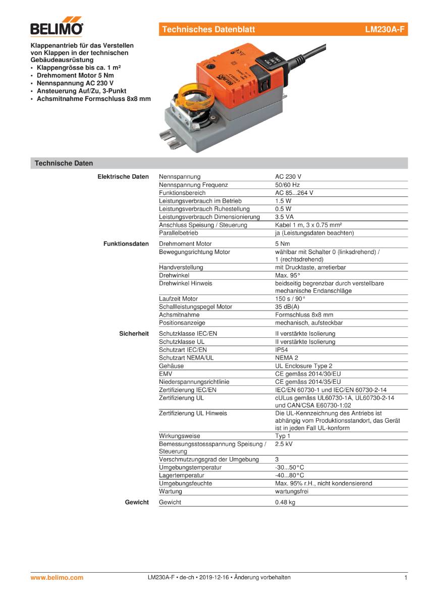 Klappenantrieb LM230A-F, Formschluss 8 x 8 mm5 Nm, 150 s, 95°AC 230 V, Auf-Zu, 3-PunktIP 54,-2